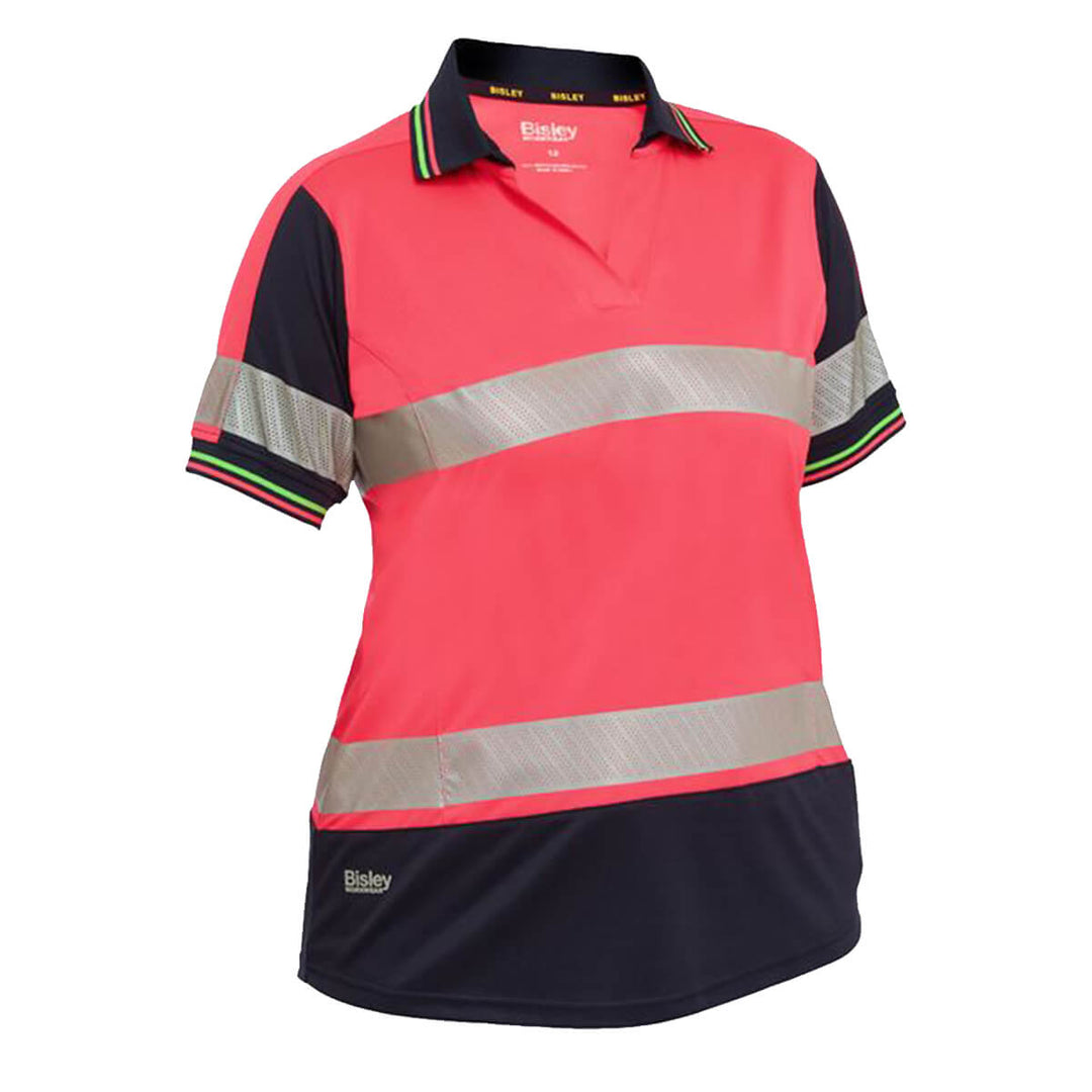 Bisley BKL1225T Ladies Hi-Vis Taped Polo Short Sleeve Pink Navy Front