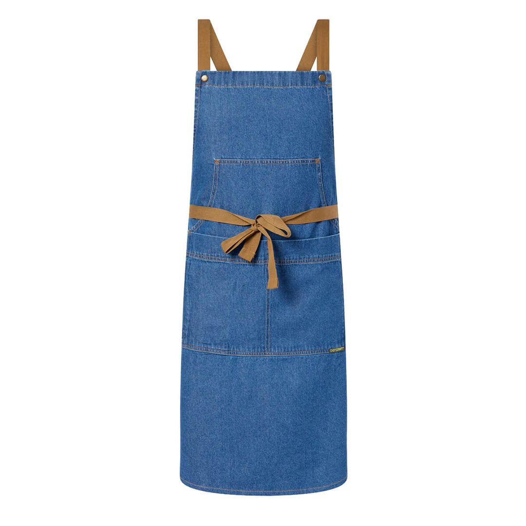 ChefsCraft CA033 Denim Bib Apron With Pouch Bleached Front Tied