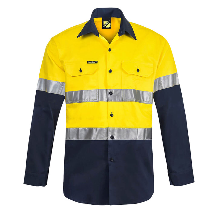 WorkCraft WS6030 Hi-Vis Taped Lightweight Vented Shirt Yellow Navy