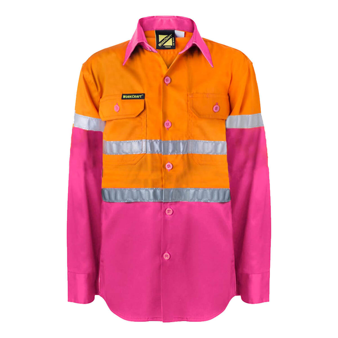 WorkCraft WSK125 Kids Hi-Vis Taped Cotton Drill Shirt Clearance Special Orange Pink
