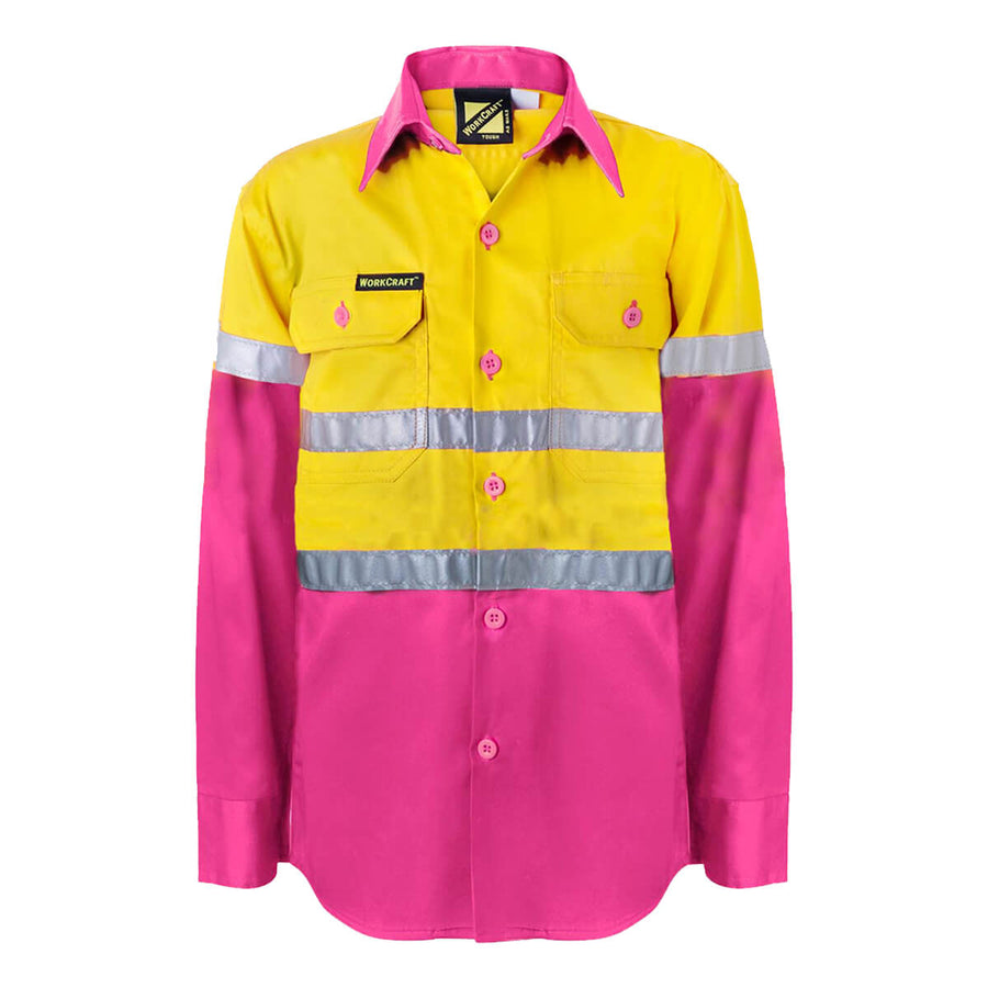 WorkCraft WSK125 Kids Hi-Vis Taped Cotton Drill Shirt Clearance Special Yellow Pink
