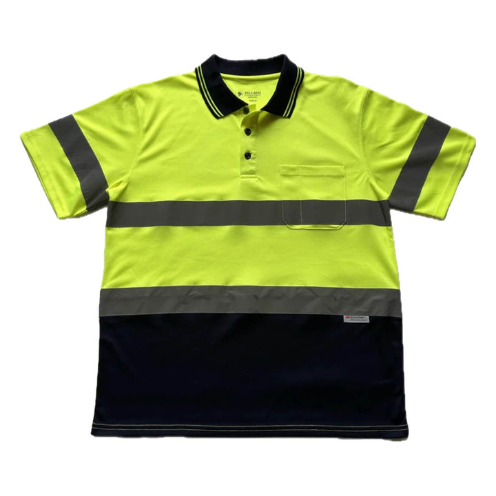 Pilgrim 4600 Mens Hi-Vis Taped Short Sleeve Polo Shirt Yellow Navy