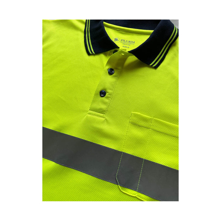 Pilgrim 4600 Mens Hi-Vis Taped Short Sleeve Polo Shirt Yellow Navy Detail