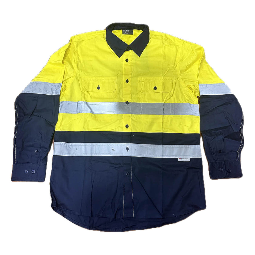 Pilgrim 4625 Mens Hi-Vis Full Button Taped Work Shirt Yellow Navy