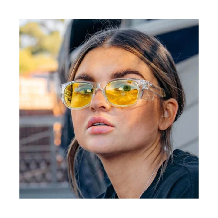 SafeStyle Classics Clear Frame Yellow Lens worn by woman