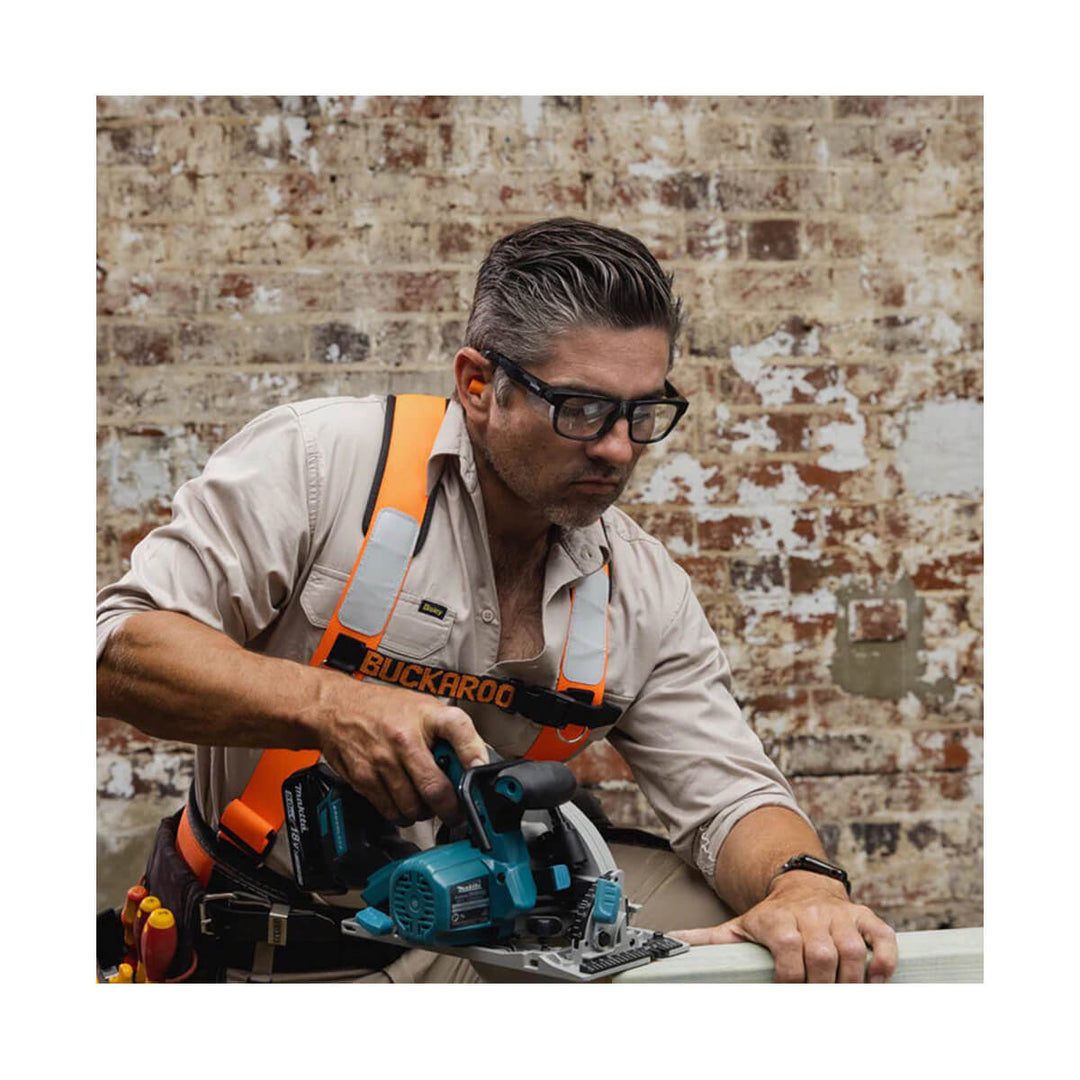 SafeStyle Fusions Black Frame Blue Light Blocking Lens worn by man working