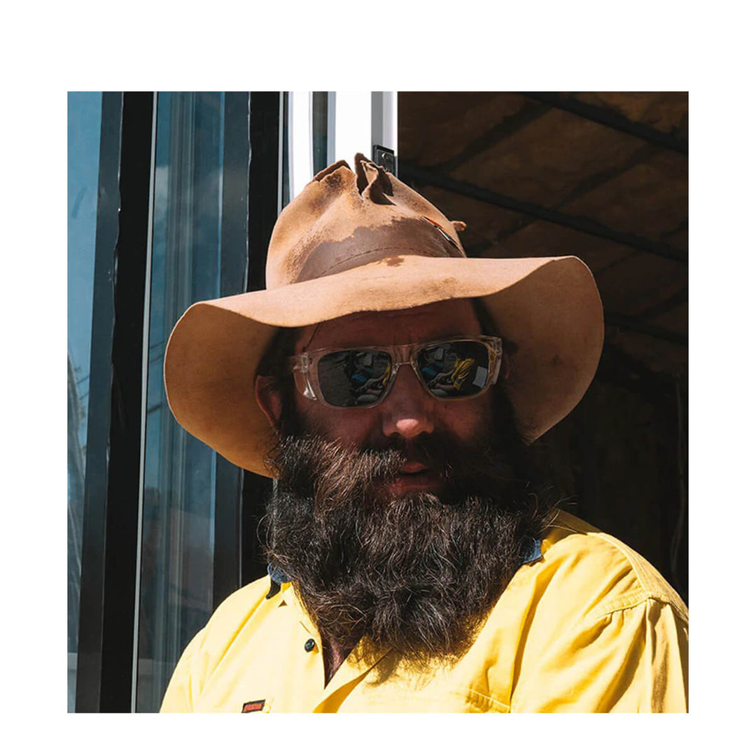 SafeStyle Fusions XL Clear Frame Polarised Lens Worn by bearded man in hat