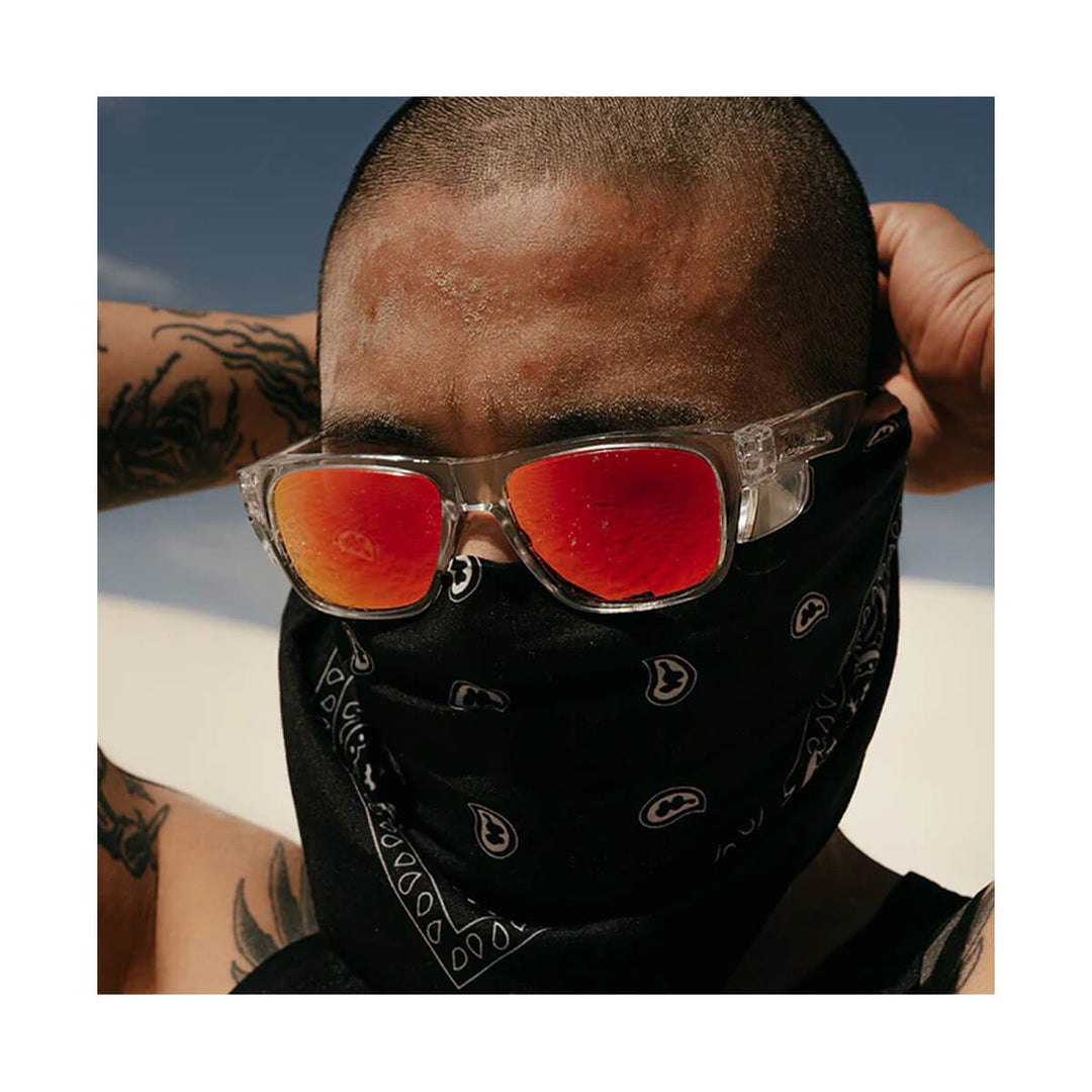 SafeStyle Fusions Clear Frame Mirror Red Polarised Lens worn by man in bandana