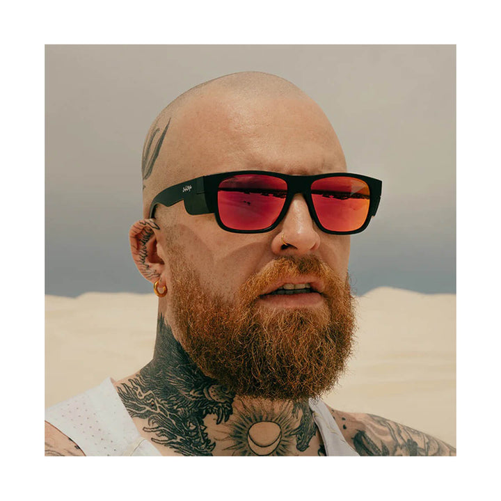 SafeStyle Fusions Matte Black Frame Mirror Red Polarised Lens worn by bearded man