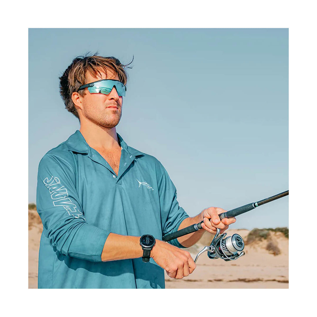 SafeStyle Phantoms Matte Black Frame Reflectors Blue Lens worn by man fishing