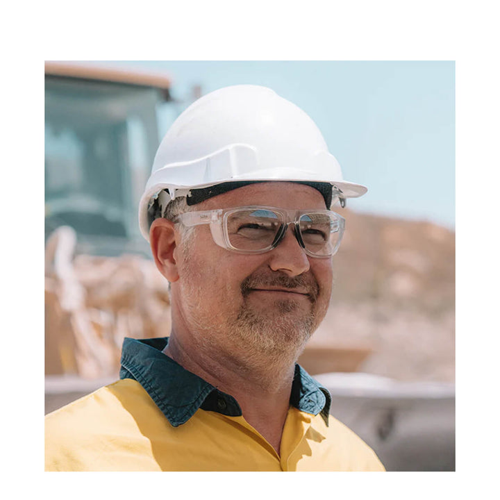 SafeStyle Rapids Clear Frame Clear Lens worn by man in hard hat