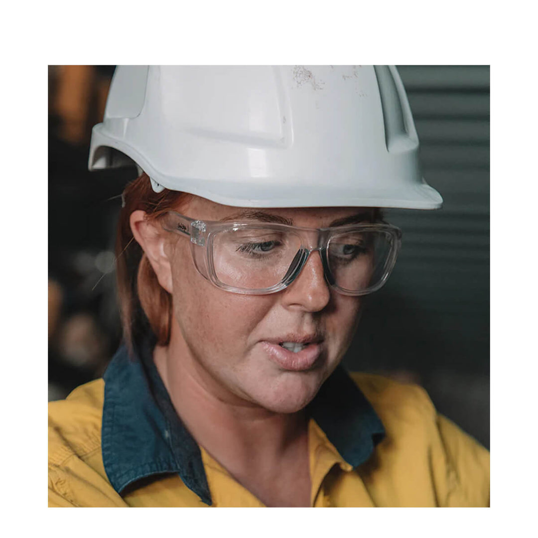 SafeStyle Rapids Clear Frame Clear Lens worn by woman in hard hat